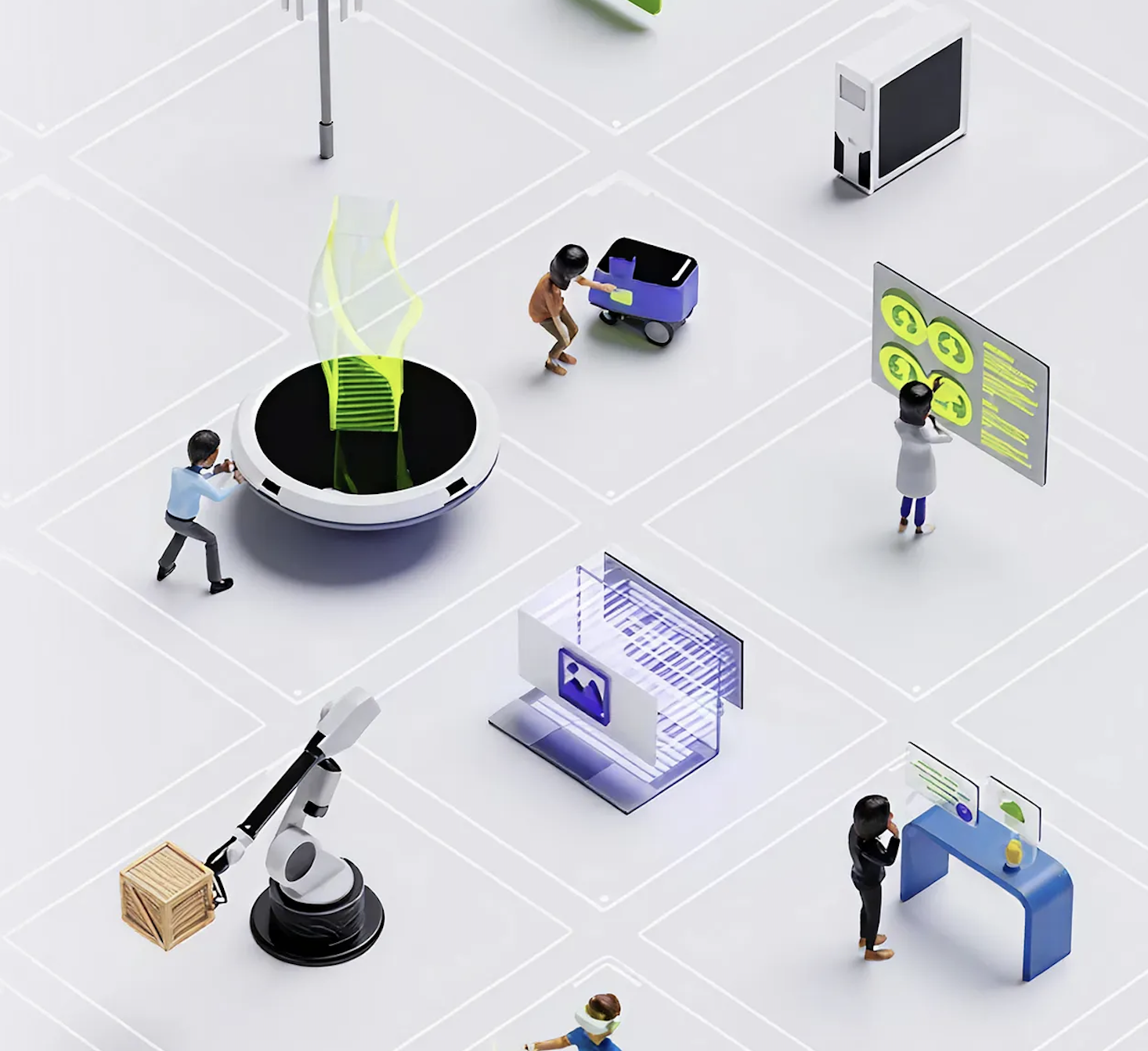 Isometric illustration of people working with connected technology surfaces