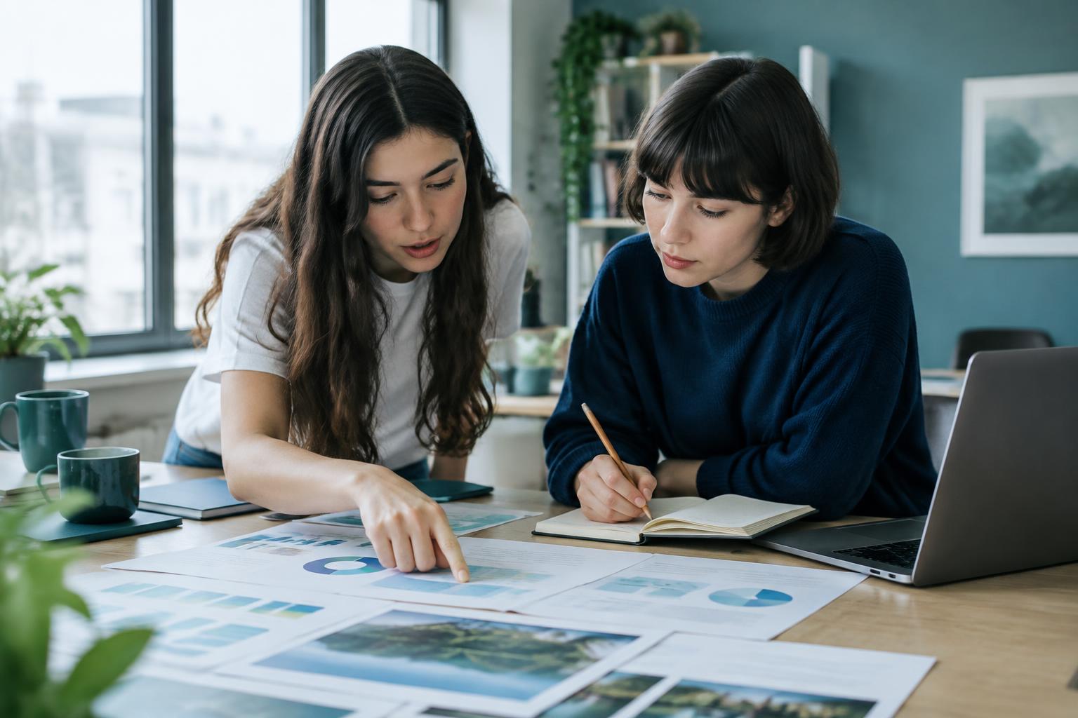 The founders reviewing printed charts and taking notes together