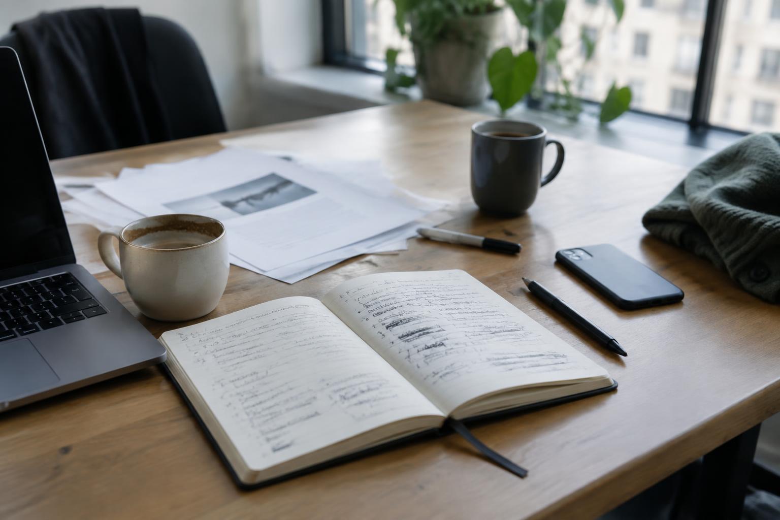 A working table with an open notebook, coffee cups and scattered notes