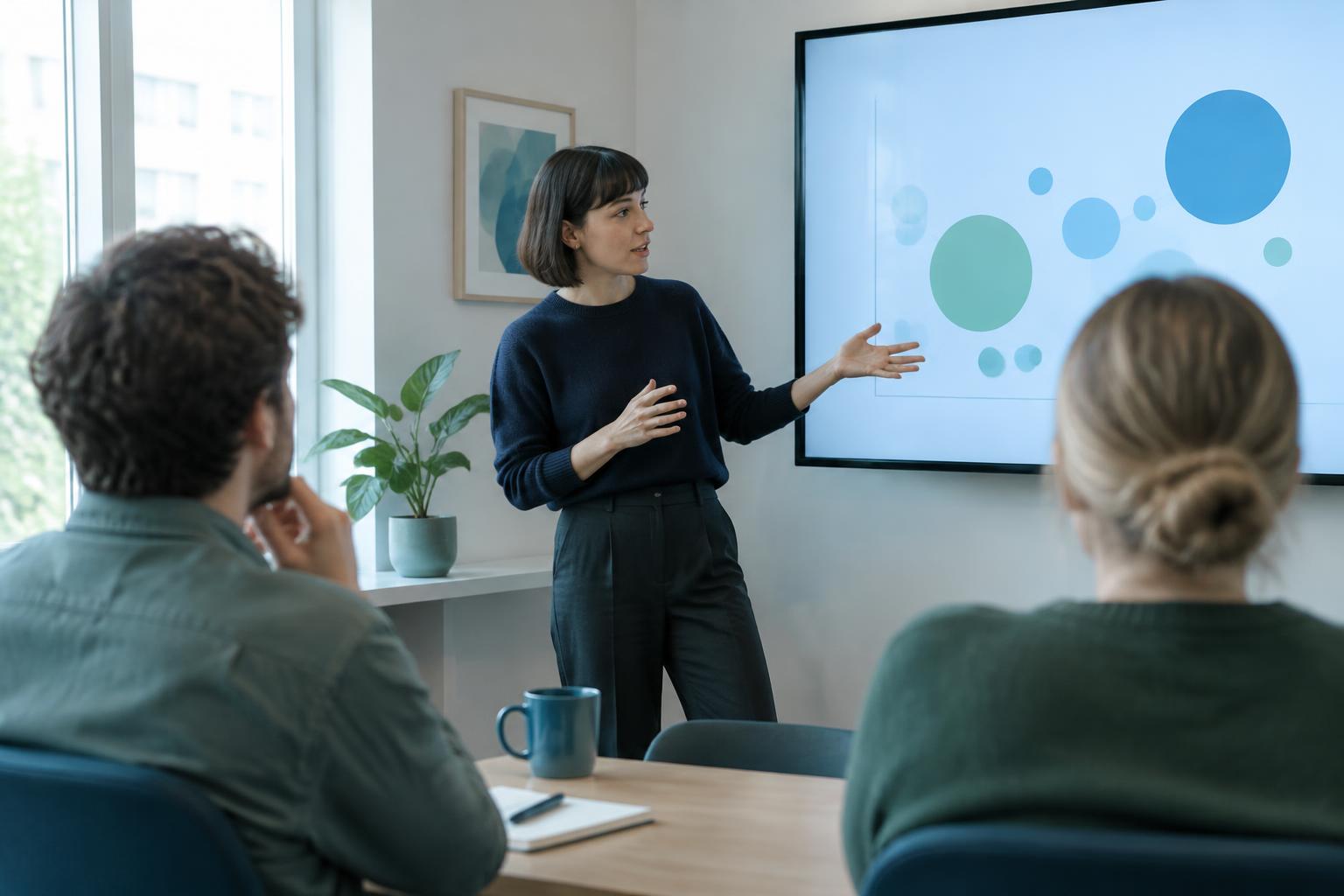 A founder pitching to the team in a small meeting room